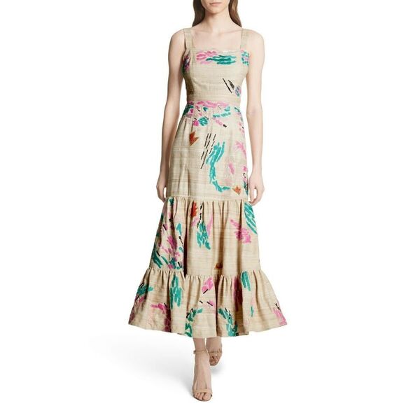 New! TRACY REESE Women's Retro 80's Style Embroidered Tiered Hem 100% Silk Dress - Picture 2 of 7